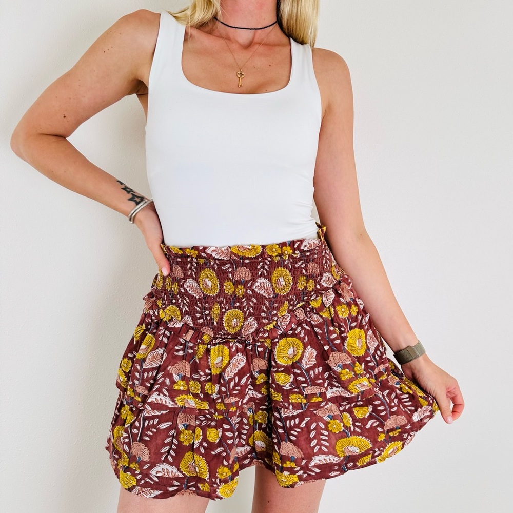 Cleobella Kenna Ruffled Tiered Layered Cotton Mini Skirt in Dahlia Block Boho